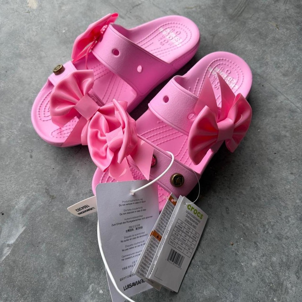 Christian Cowan x Crocs Classic 2 Strap Bow Sandal Pink Womens 8 RARE